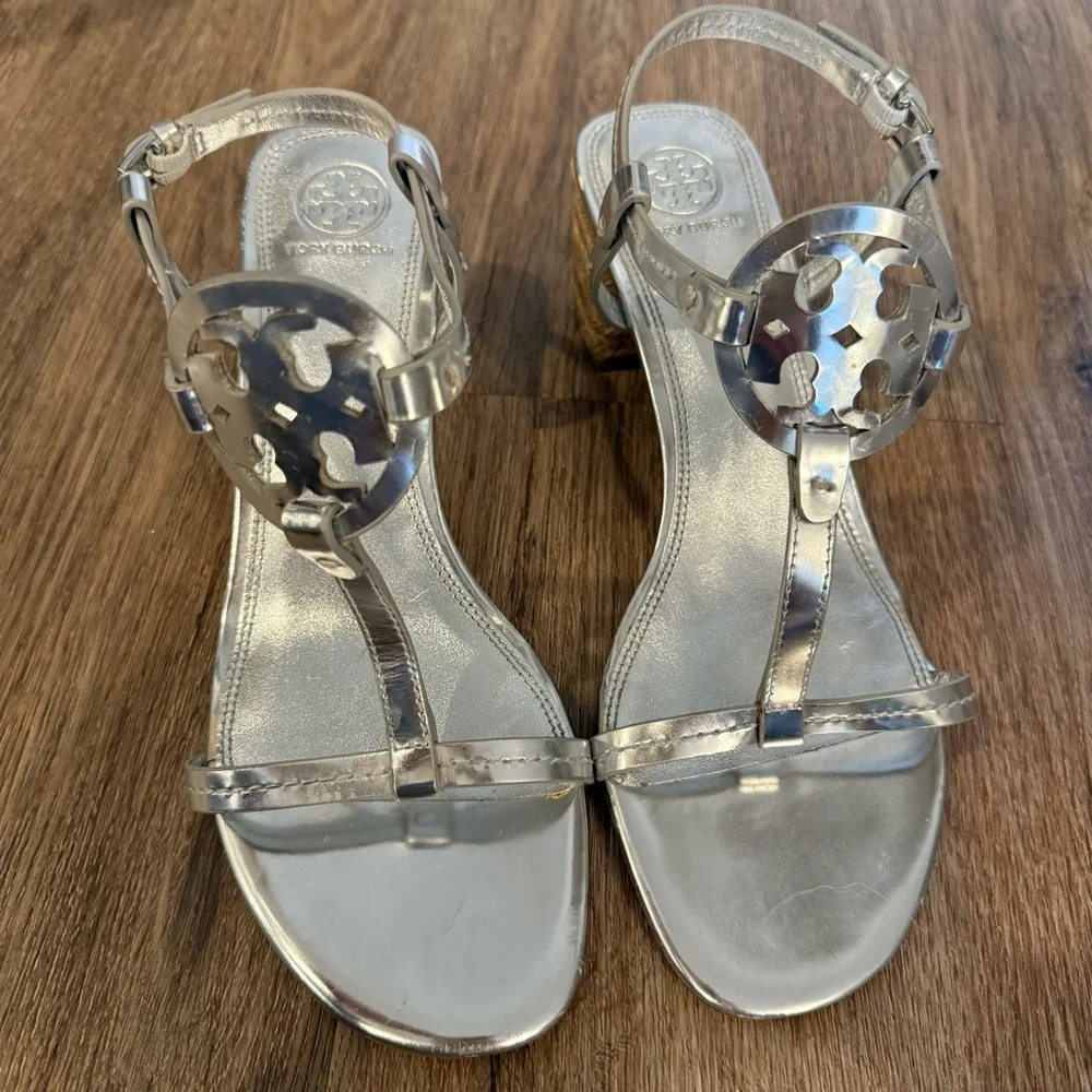 Tory Burch Women's Miller Silver Metallic Espadrille Block Heel Sandals Size 9